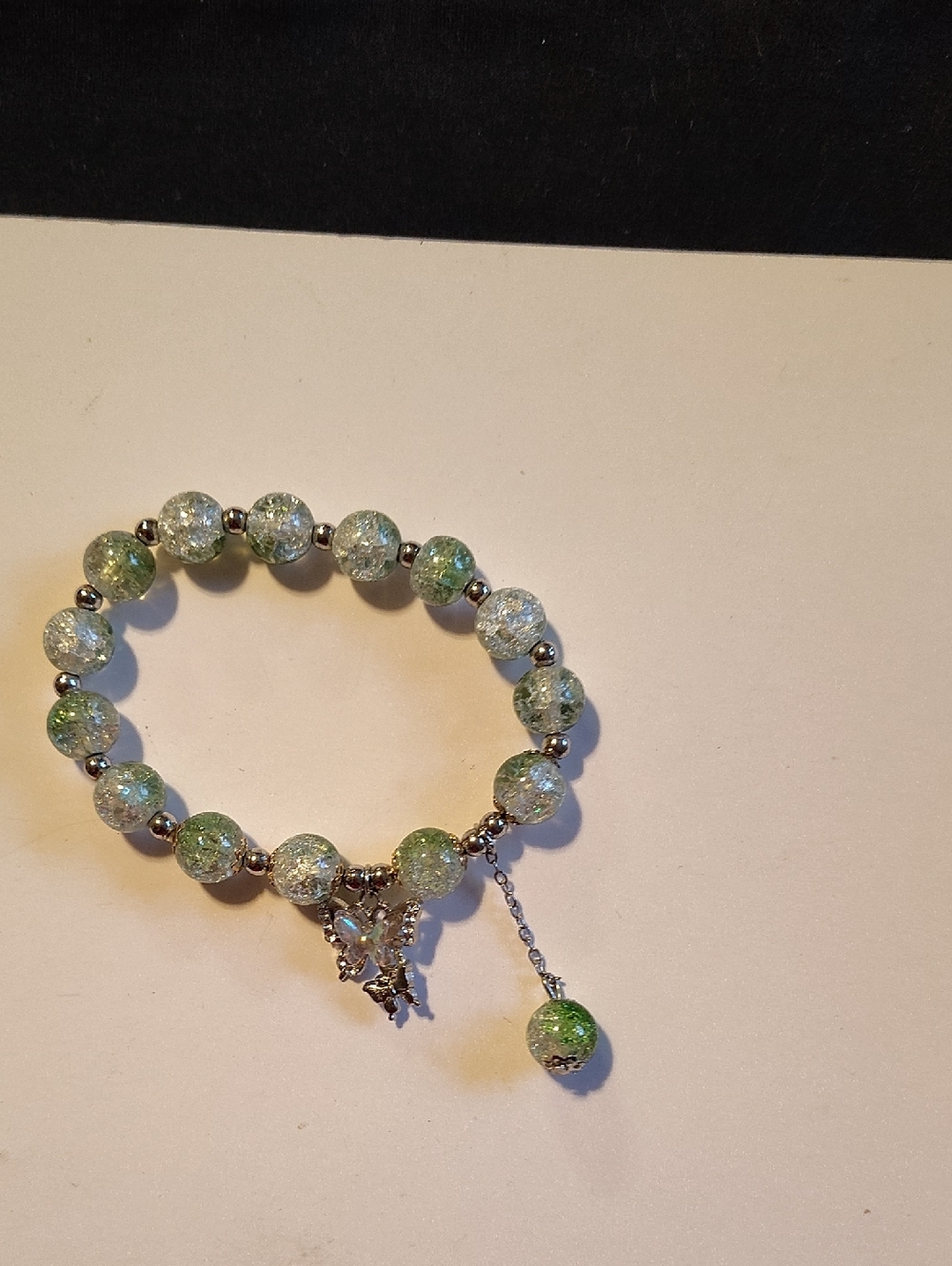 Green Crackle Glass Bead Charm Bracelet by